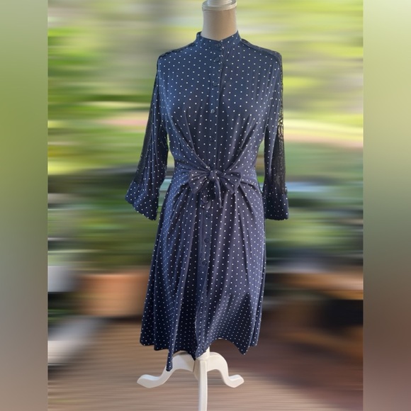 Zara Basic Polka Dot with Lace Midi Dress Navy Blue Tie Belt Medium EUC - Picture 2 of 9